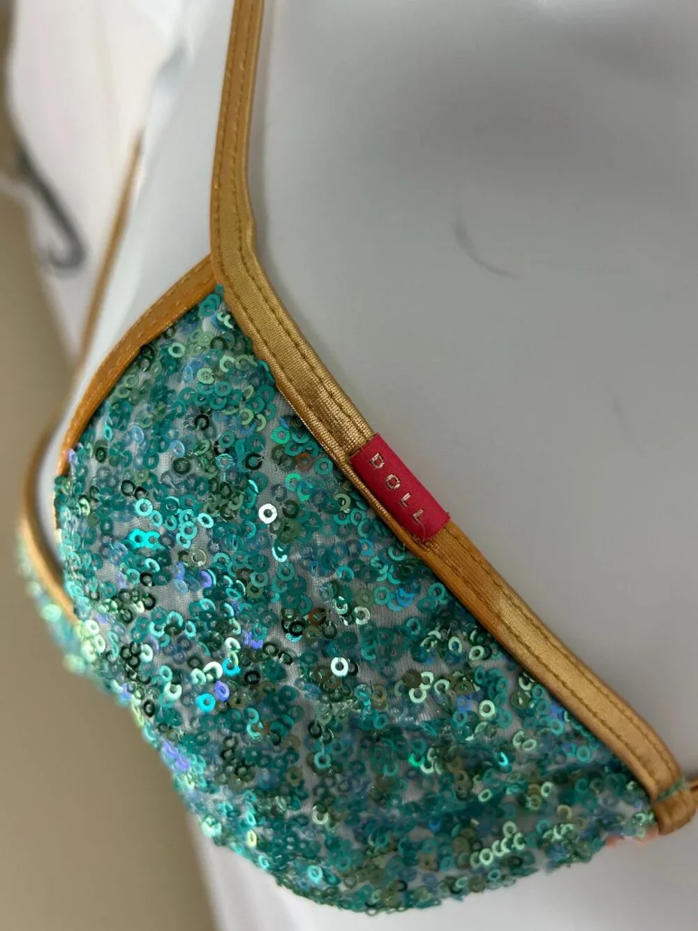 Doll & Co Sequin Mermaid String Bikini Aqua Gold S